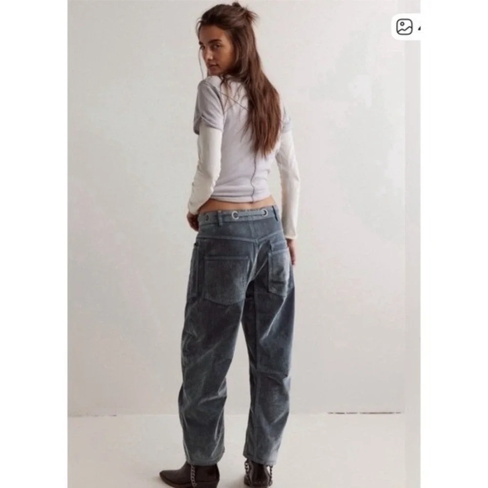 Free People Flocked Moxie Barrel Jeans Mt Green Blue Low Slung Velvet 31 NWOT